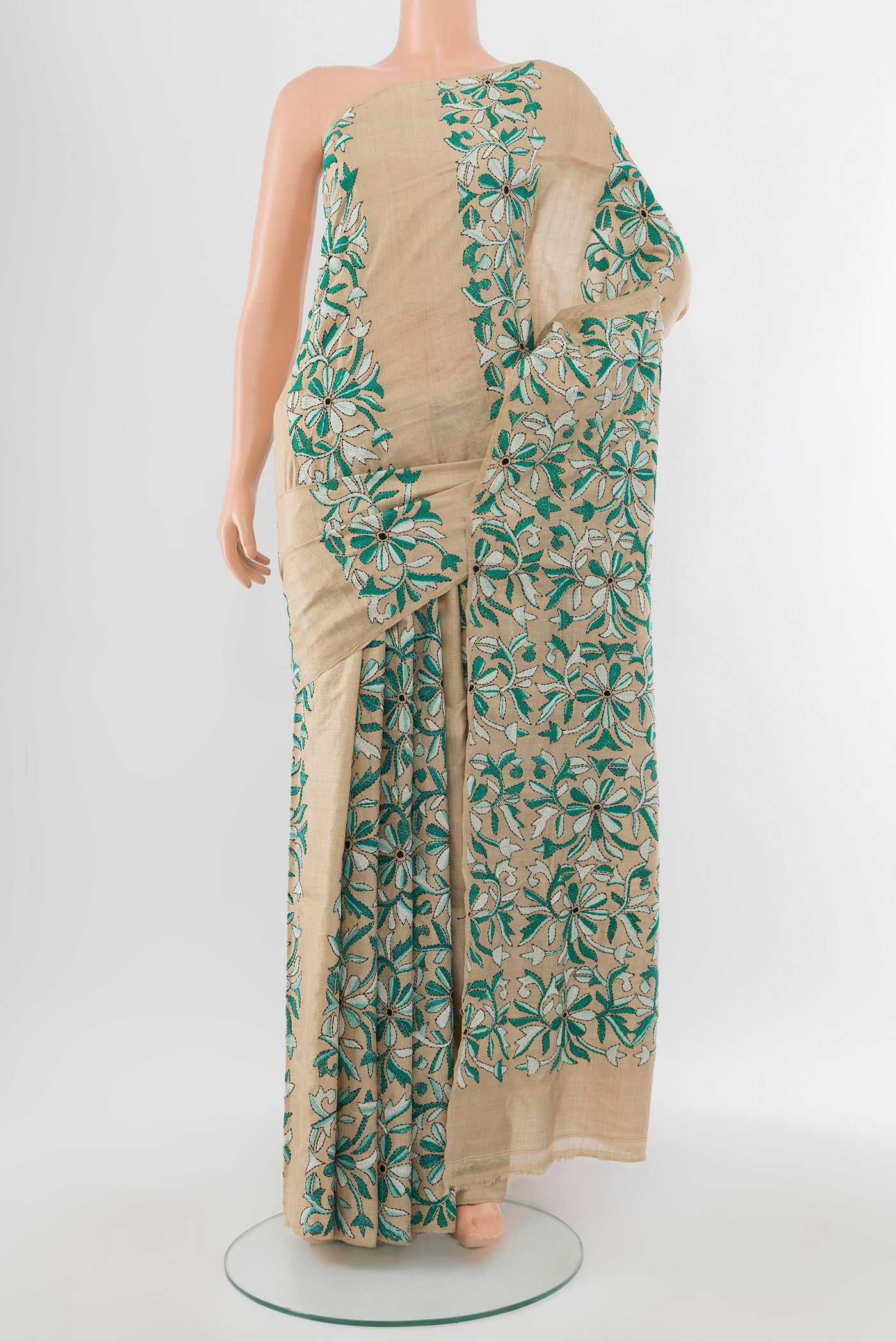 Sandal Kantha Silk Saree with Jacquard With Thread Butta on the body and Embroidery Border.  displayed on a mannequin