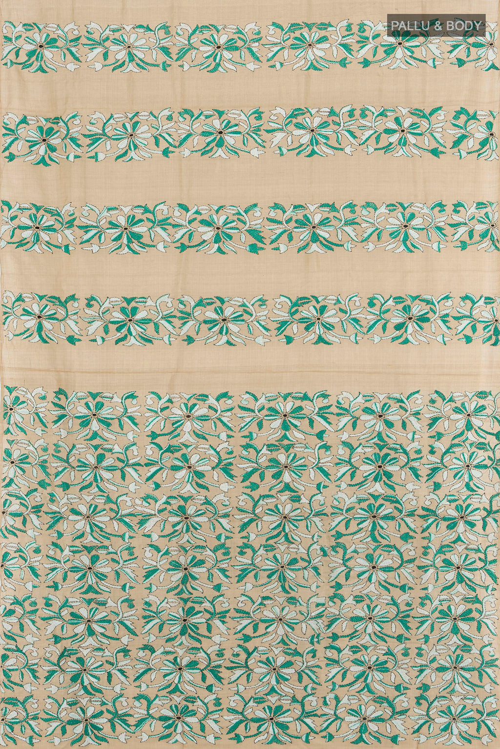 Flat view of Sandal Kantha Silk Saree with Jacquard With Thread Butta on the body and Embroidery Border. 