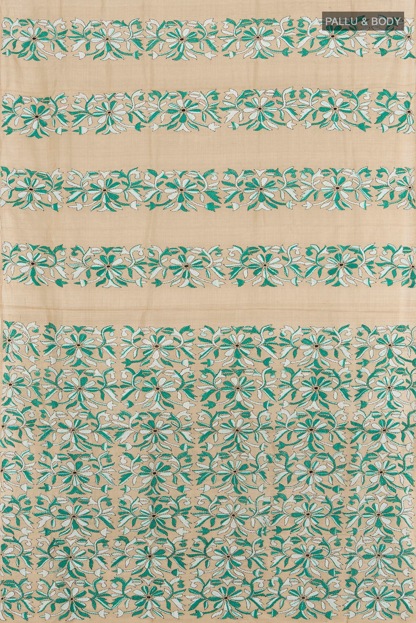Flat view of Sandal Kantha Silk Saree with Jacquard With Thread Butta on the body and Embroidery Border. 
