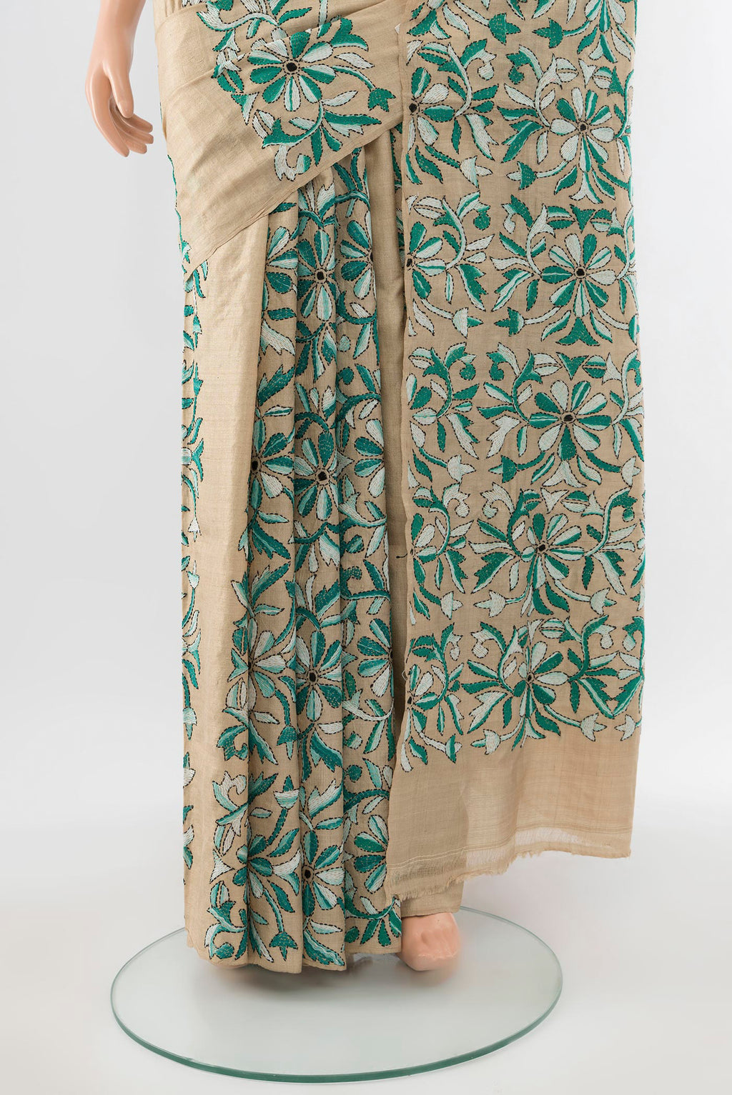 Pleats and pallu of Sandal Kantha Silk Saree with Jacquard With Thread Butta on the body and Embroidery Border. 