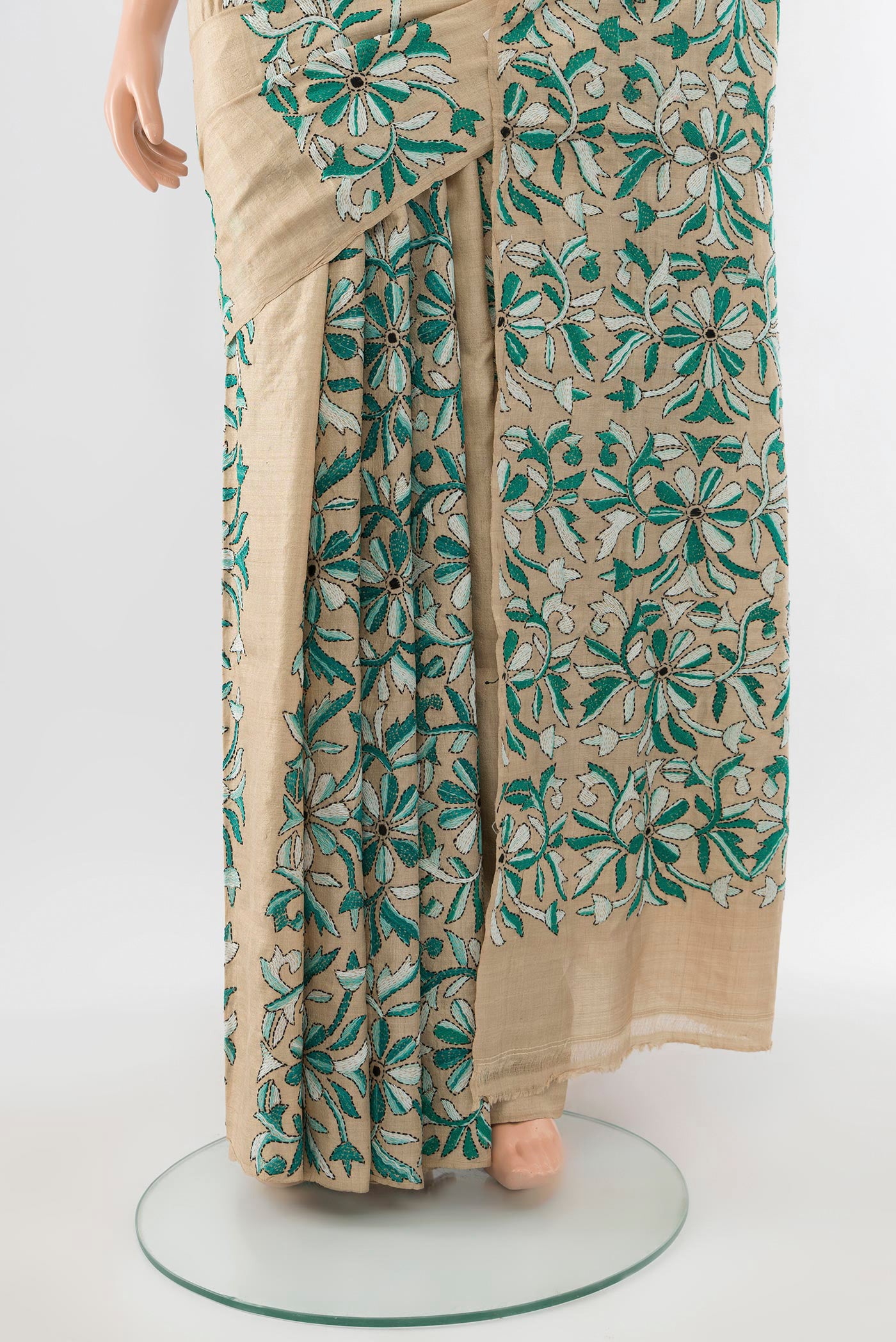 Pleats and pallu of Sandal Kantha Silk Saree with Jacquard With Thread Butta on the body and Embroidery Border. 