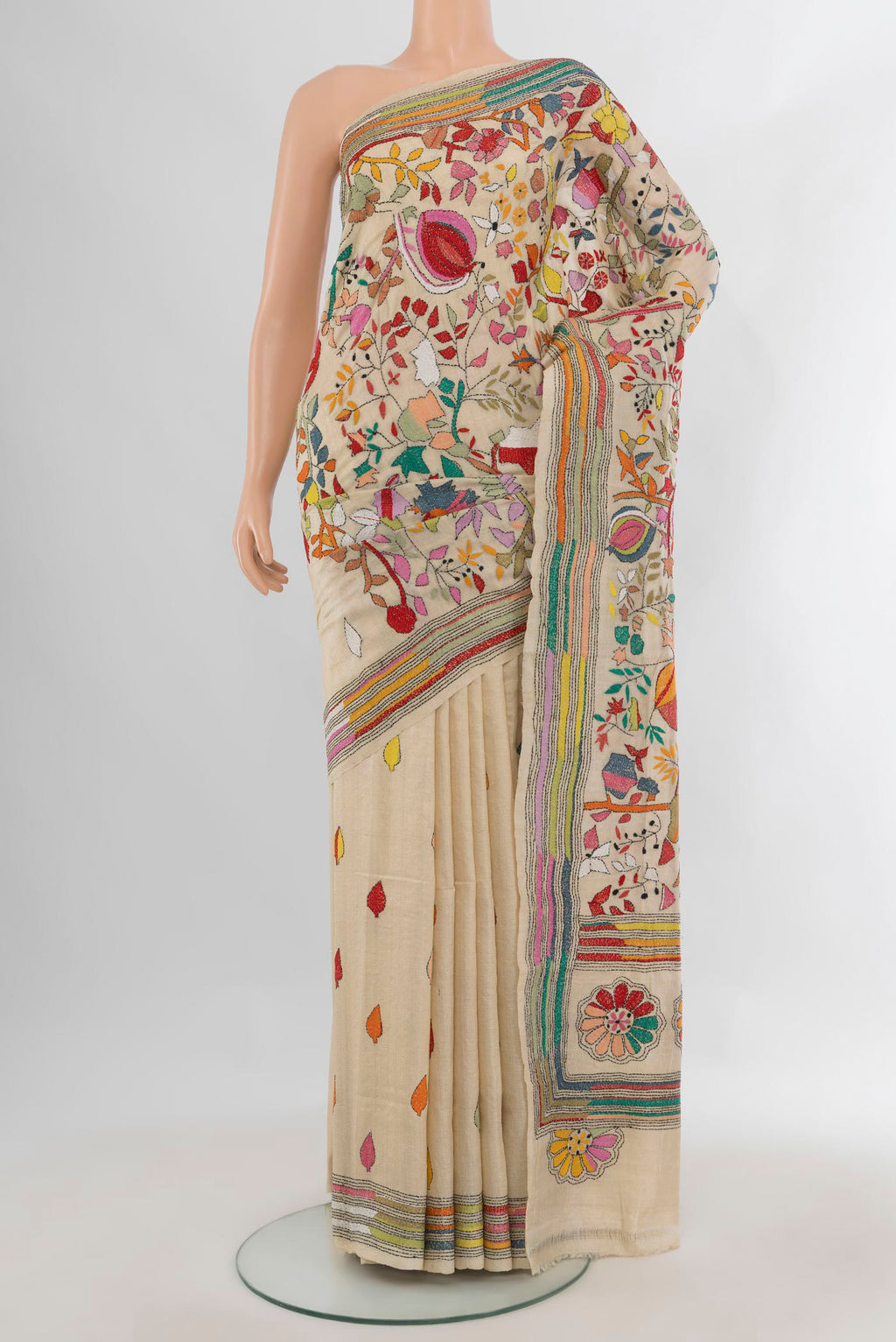 Pure Silk Cream Kantha Saree with Kantha Work on the body and Embroidery Border.  displayed on a mannequin