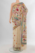 Pure Silk Cream Kantha Saree with Kantha Work on the body and Embroidery Border.  displayed on a mannequin