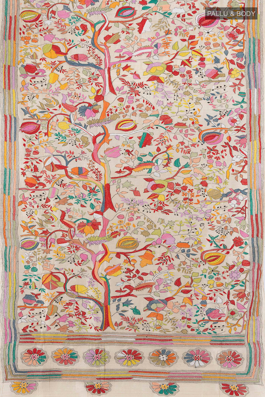 Flat view of Pure Silk Cream Kantha Saree with Kantha Work on the body and Embroidery Border. 