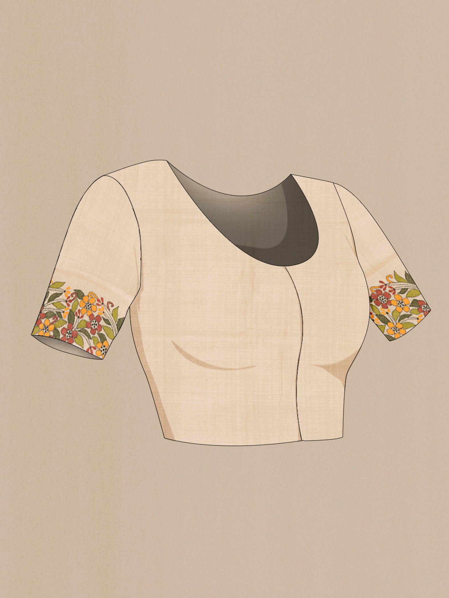 Close up image of the blouse of Beige Tussar Silk Saree with Embroidery on the body and Embroidery Border. 