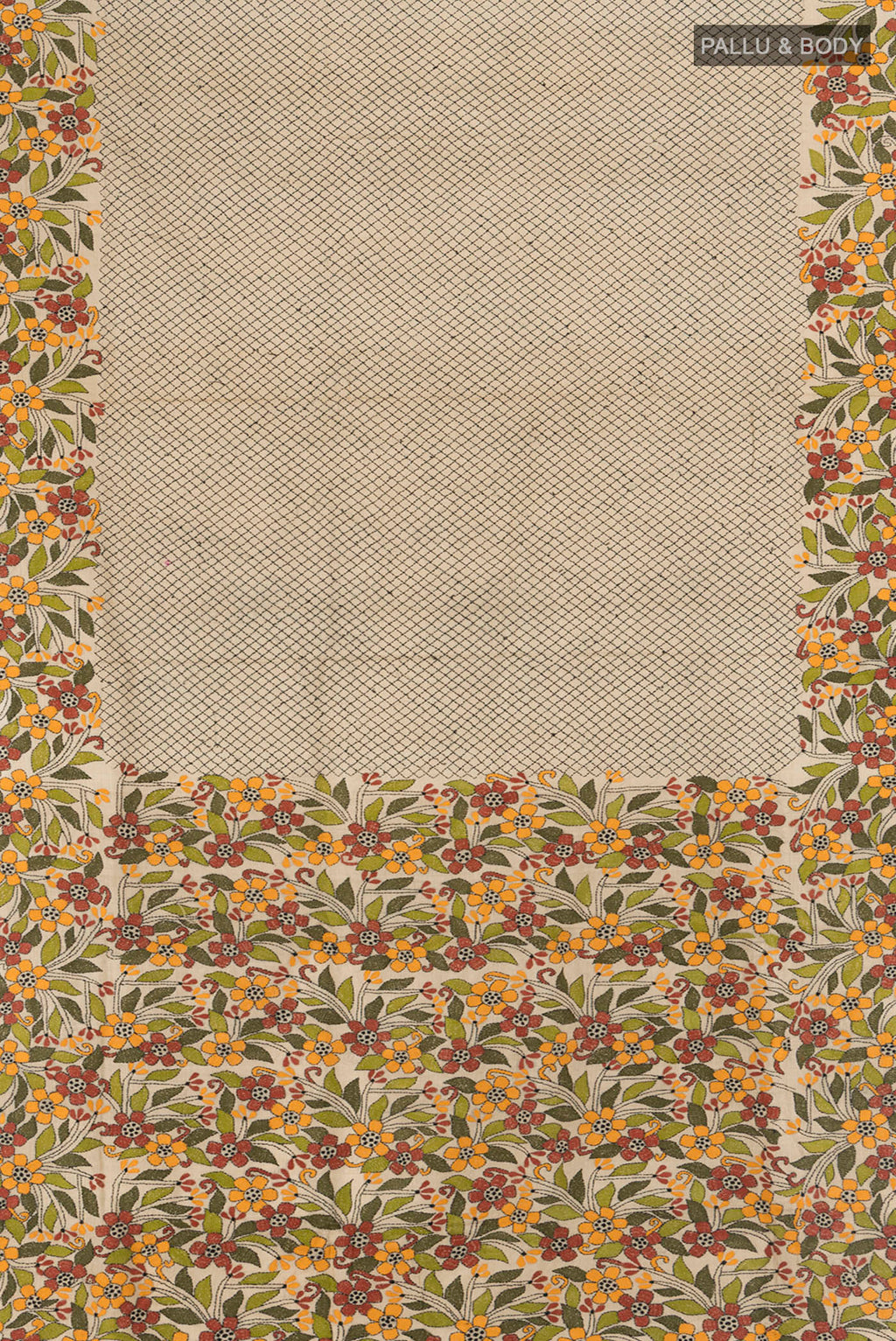 Flat view of Beige Tussar Silk Saree with Embroidery on the body and Embroidery Border. 
