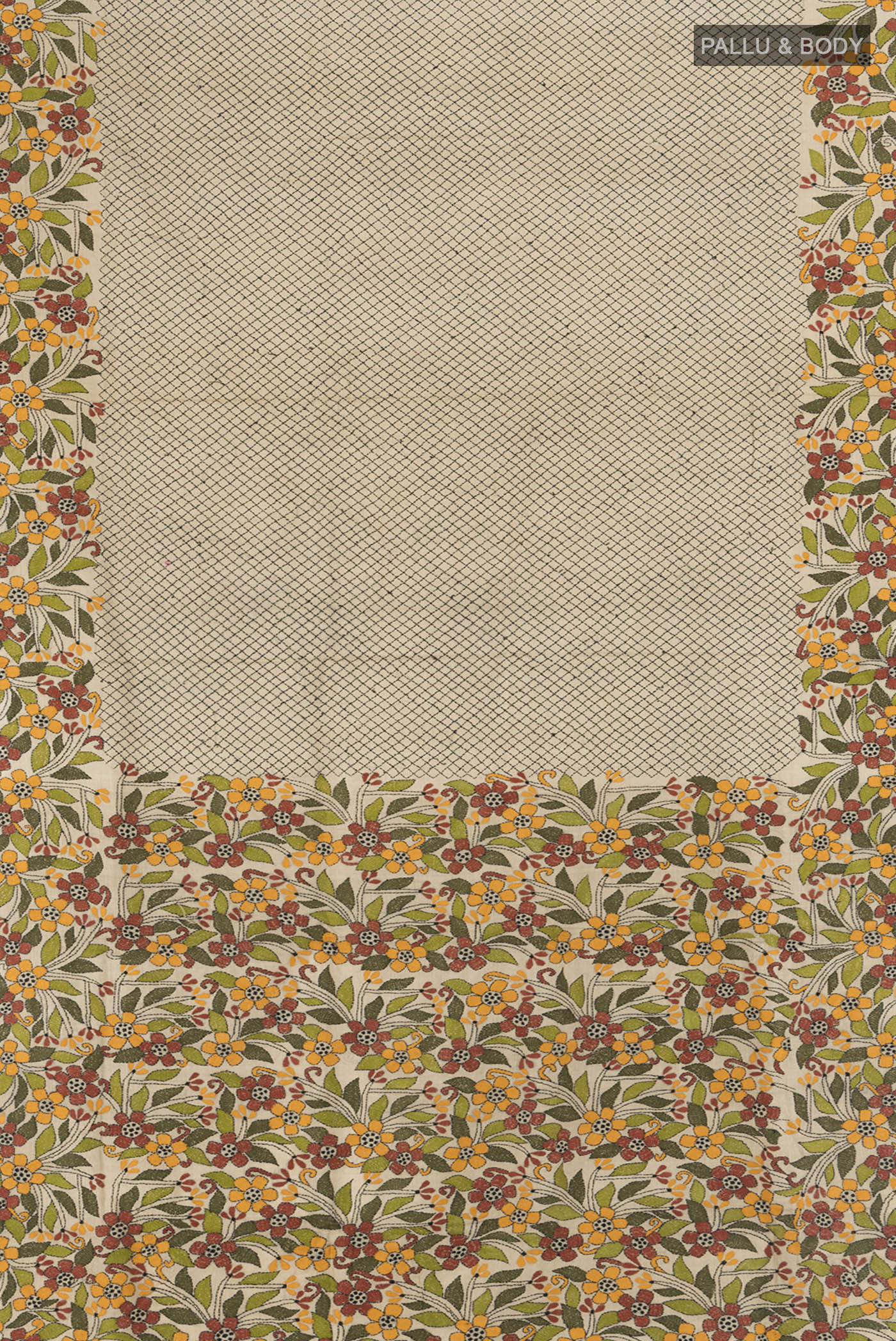Flat view of Beige Tussar Silk Saree with Embroidery on the body and Embroidery Border. 
