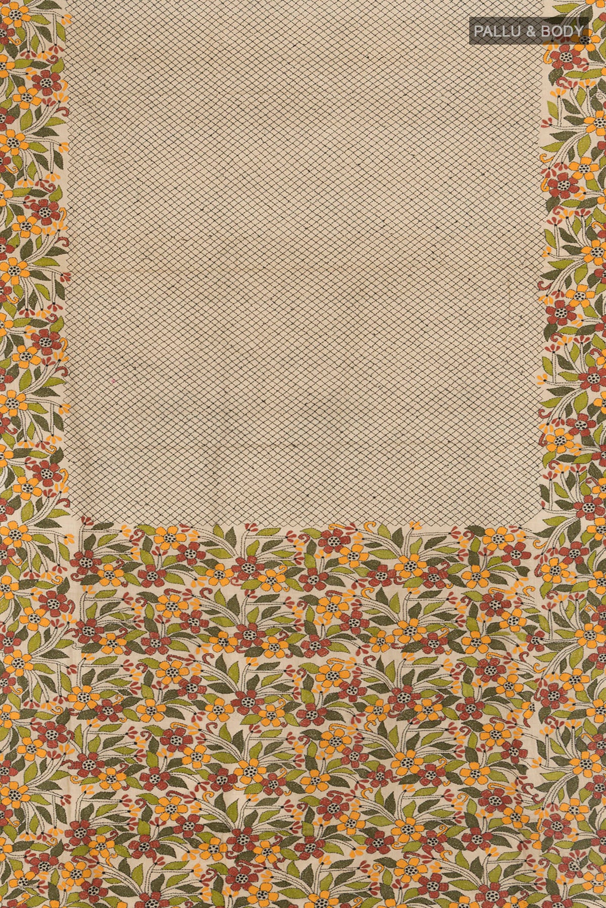 Flat view of Beige Tussar Silk Saree with Embroidery on the body and Embroidery Border. 