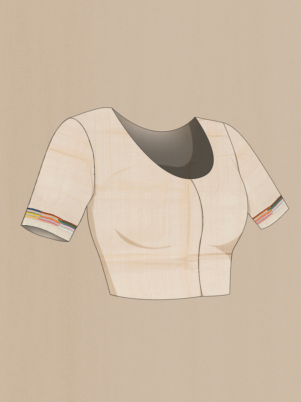 Close up image of the blouse of Cream Kantha Silk Saree with Jacquard With Thread Butta on the body and Silk Border. 