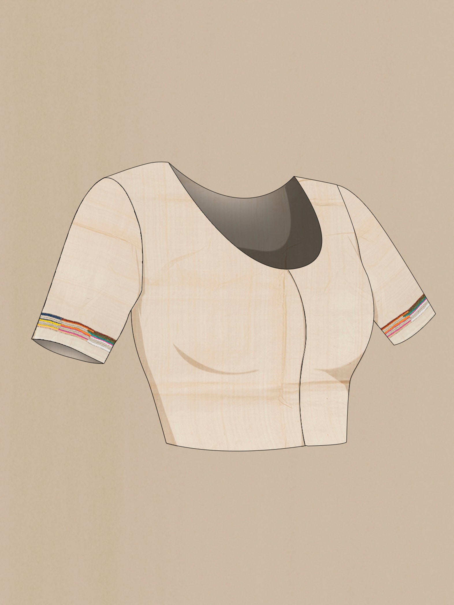 Close up image of the blouse of Cream Kantha Silk Saree with Jacquard With Thread Butta on the body and Silk Border. 