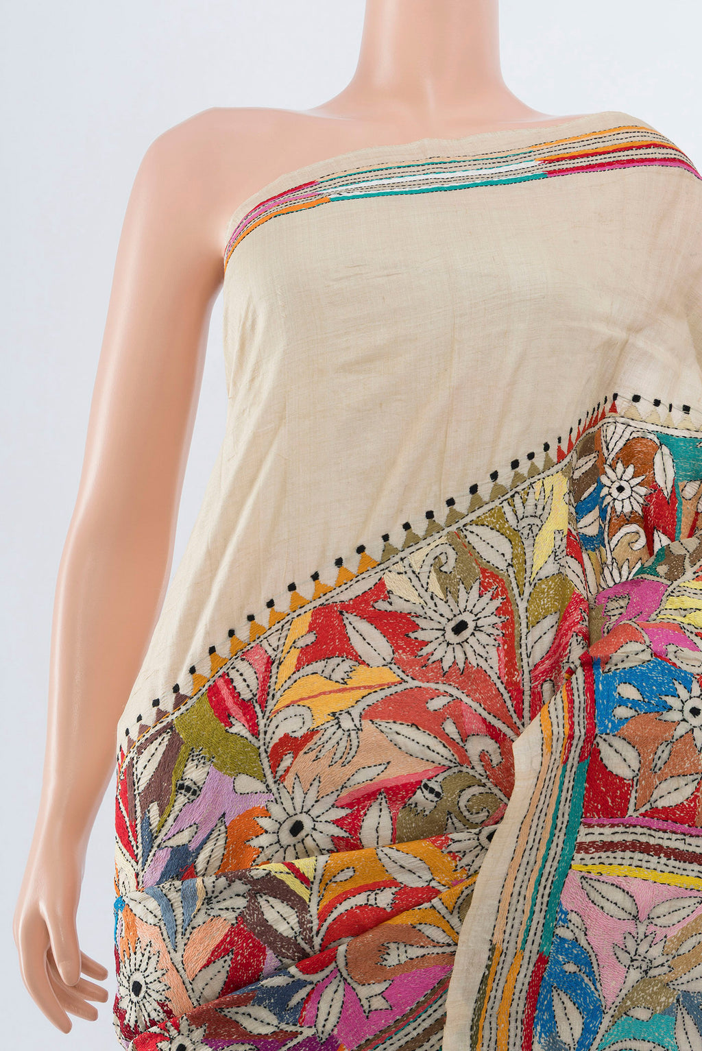 Border image of Cream Kantha Silk Saree with Jacquard With Thread Butta on the body and Silk Border. 