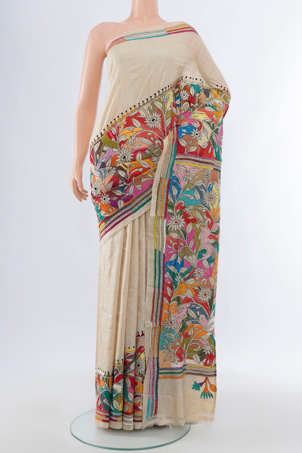 Cream Kantha Silk Saree with Jacquard With Thread Butta on the body and Silk Border.  displayed on a mannequin