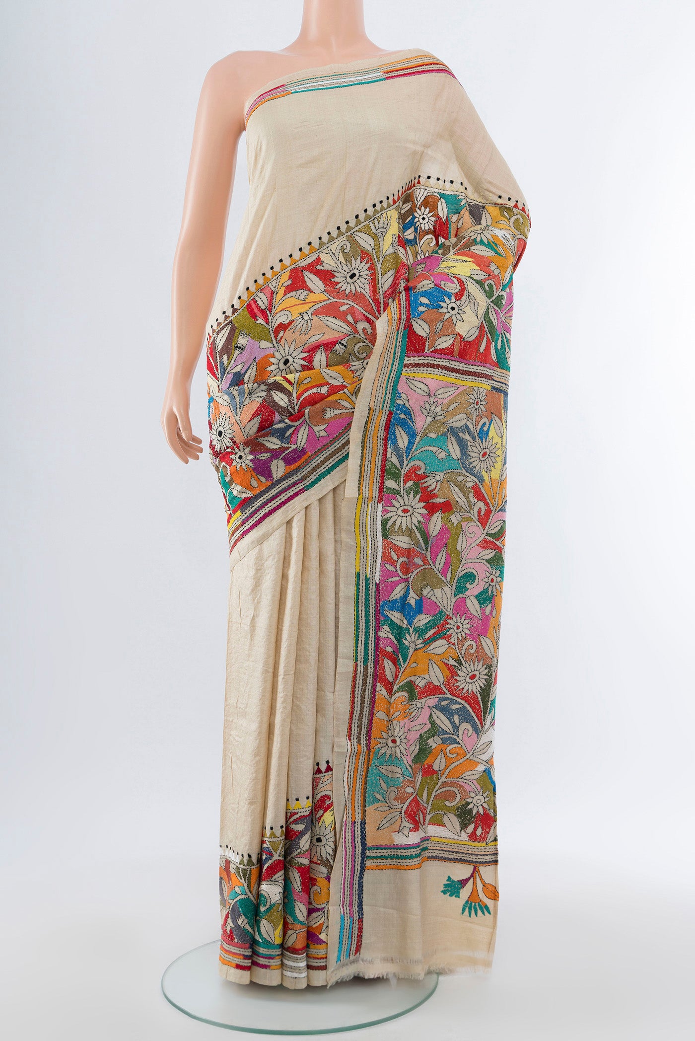 Cream Kantha Silk Saree with Jacquard With Thread Butta on the body and Silk Border.  displayed on a mannequin
