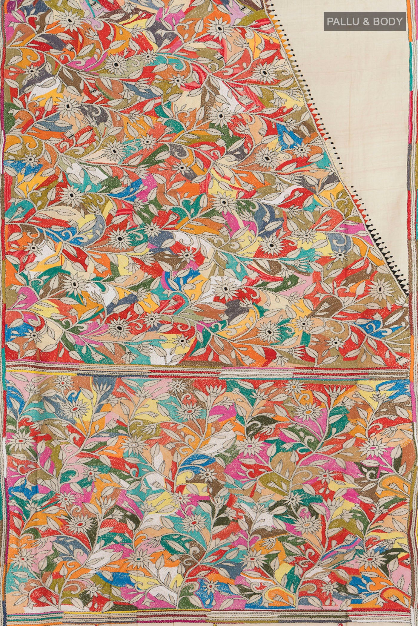 Flat view of Cream Kantha Silk Saree with Jacquard With Thread Butta on the body and Silk Border. 
