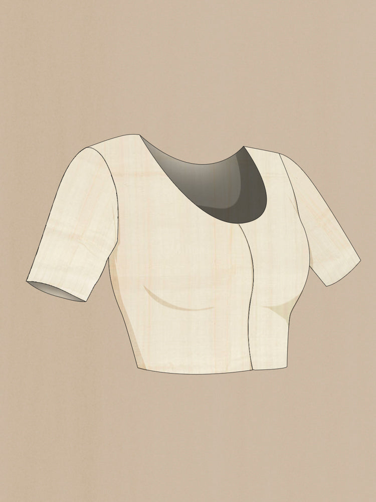 Close up image of the blouse of Cream Kantha Silk Saree with Jacquard With Thread Butta on the body and Silk Border. 