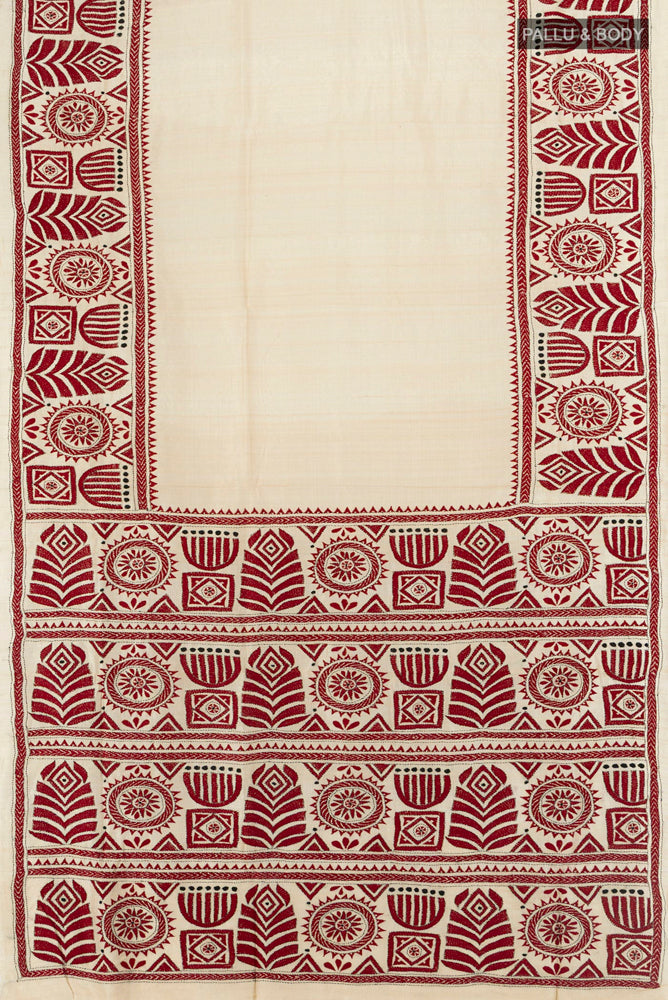 Flat view of Cream Kantha Silk Saree with Jacquard With Thread Butta on the body and Silk Border. 