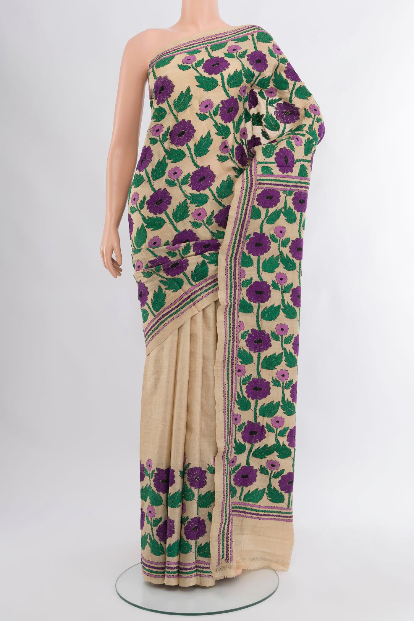 Beige Tussar Silk Saree with Kantha Work on the body and Embroidery Border.  displayed on a mannequin