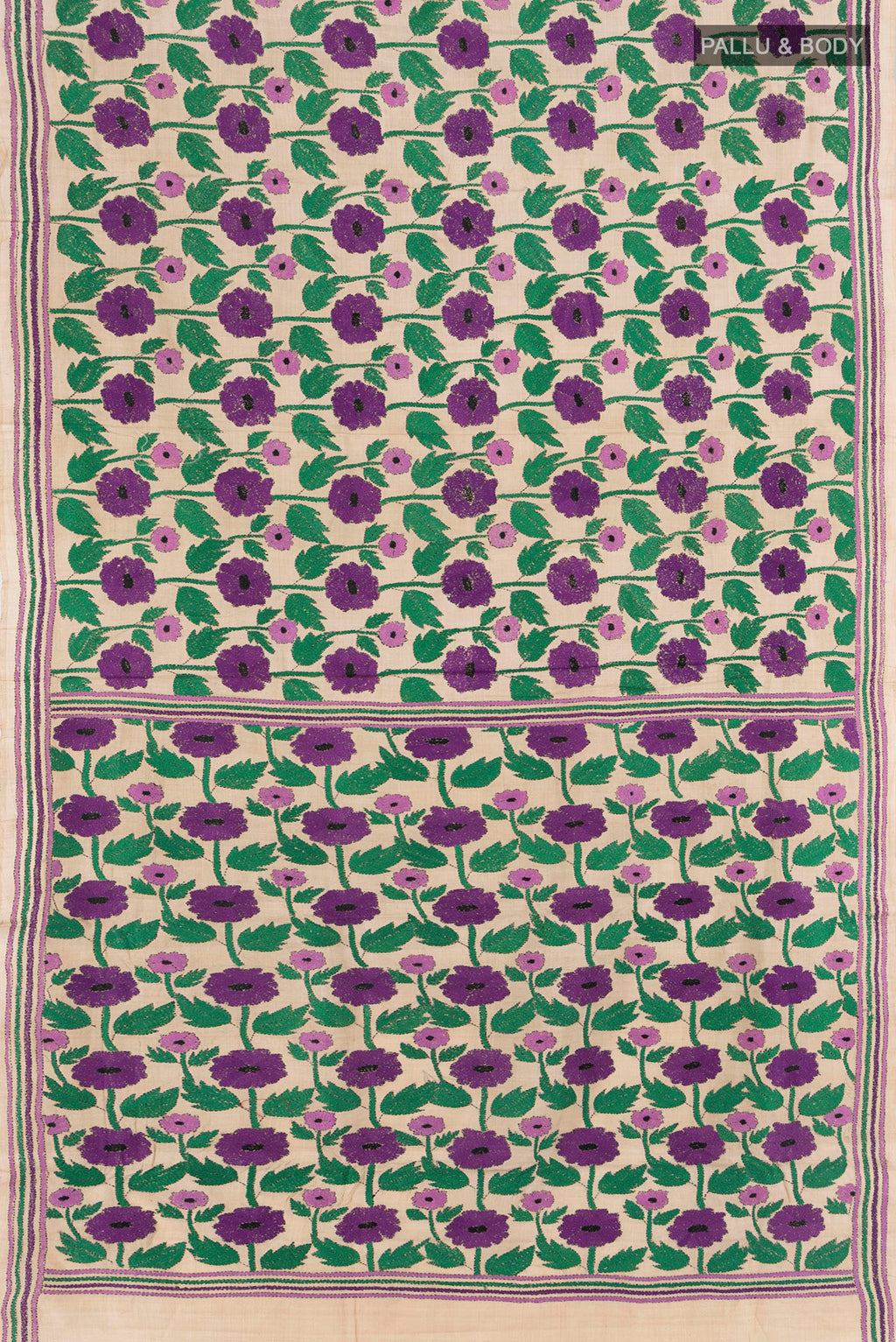 Flat view of Beige Tussar Silk Saree with Kantha Work on the body and Embroidery Border. 