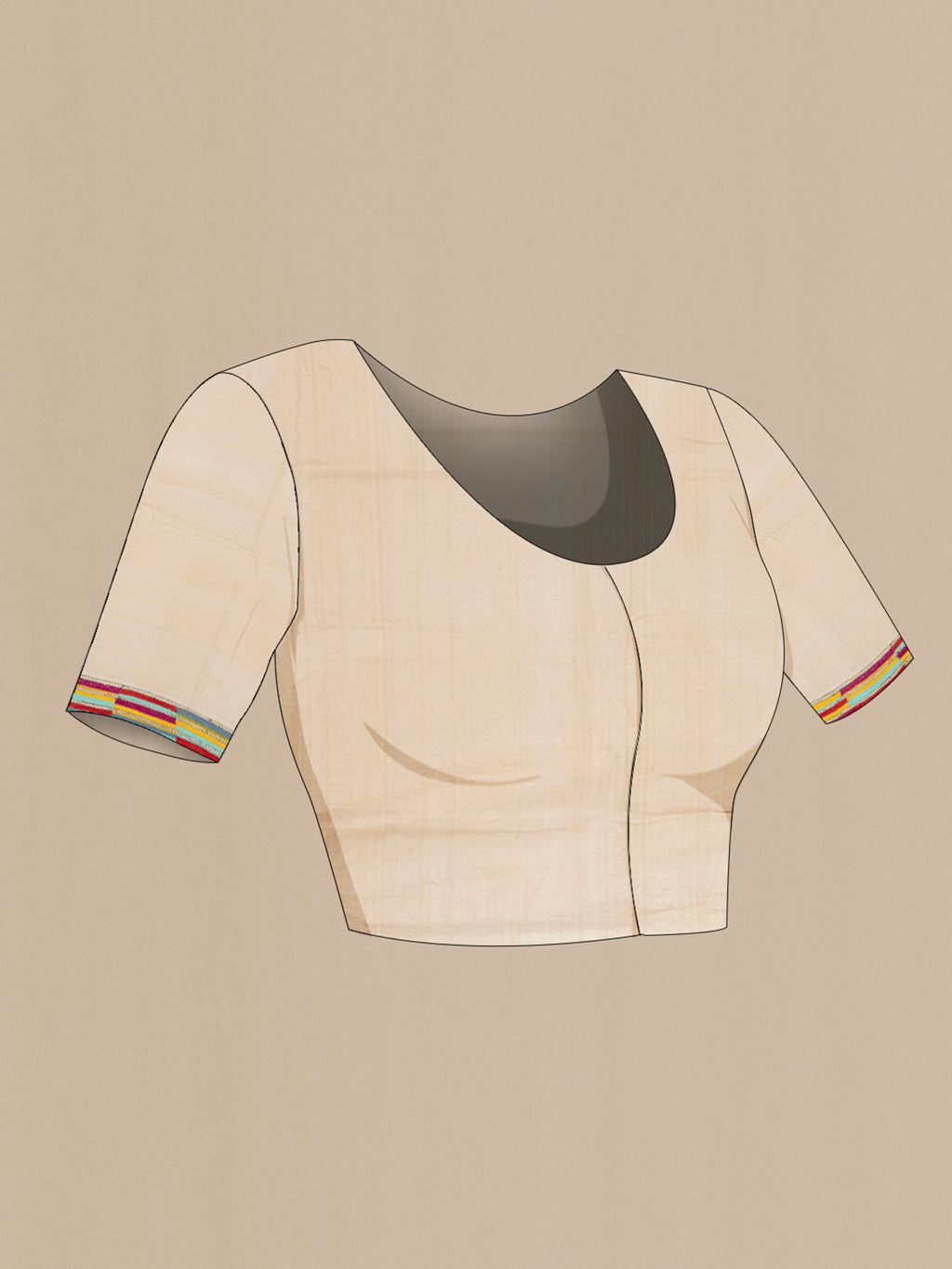 Close up image of the blouse of Cream Kantha Silk Saree with Jacquard With Thread Butta on the body and Silk Border. 