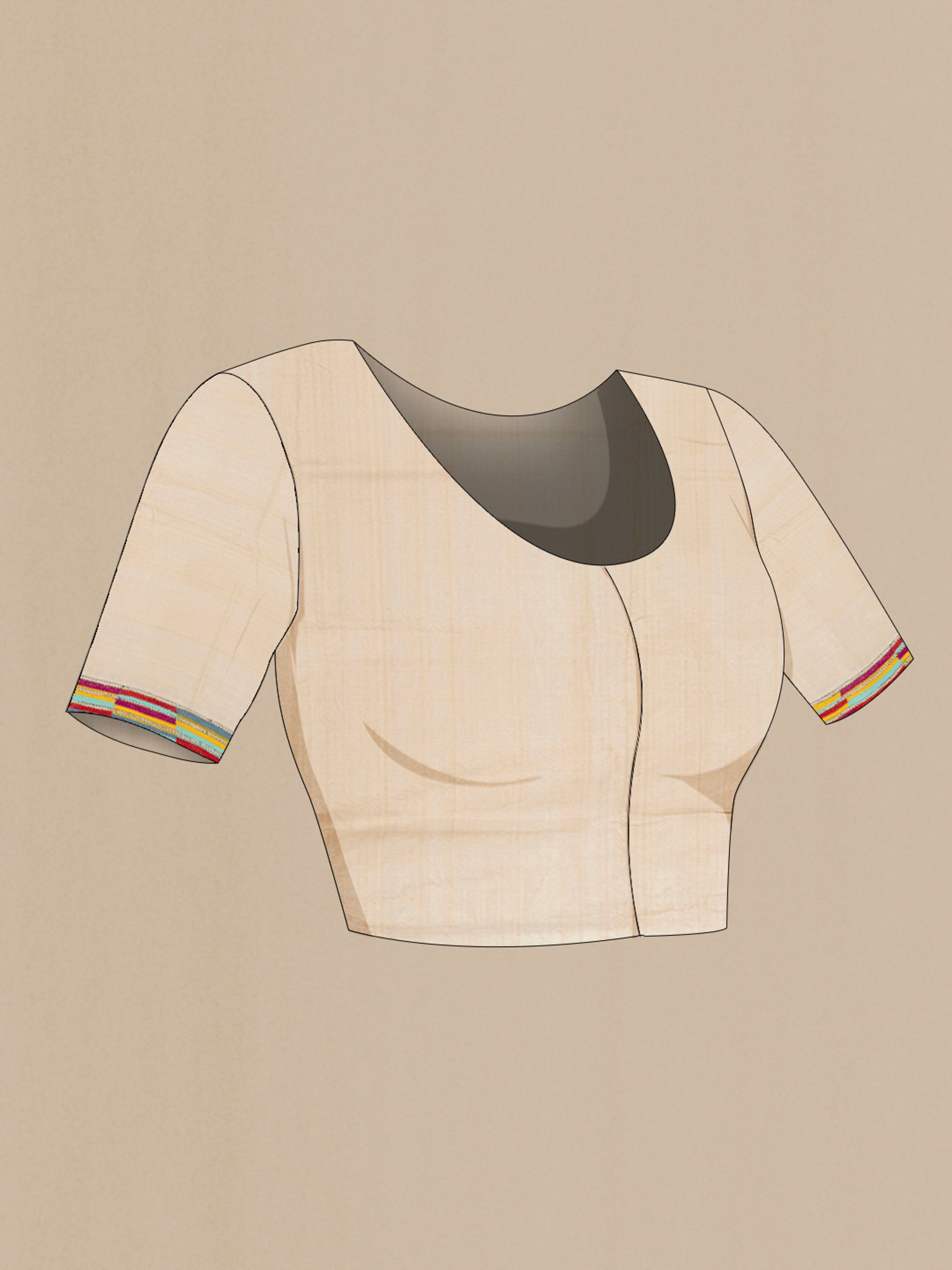 Close up image of the blouse of Cream Kantha Silk Saree with Jacquard With Thread Butta on the body and Silk Border. 