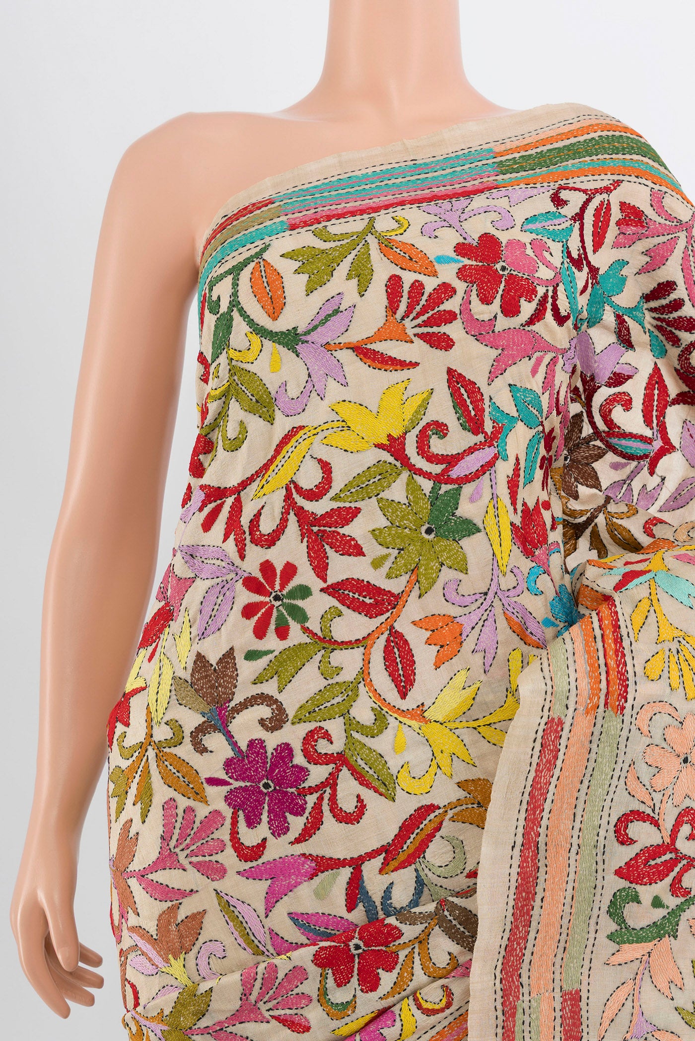 Border image of Cream Kantha Silk Saree with Jacquard With Thread Butta on the body and Silk Border. 