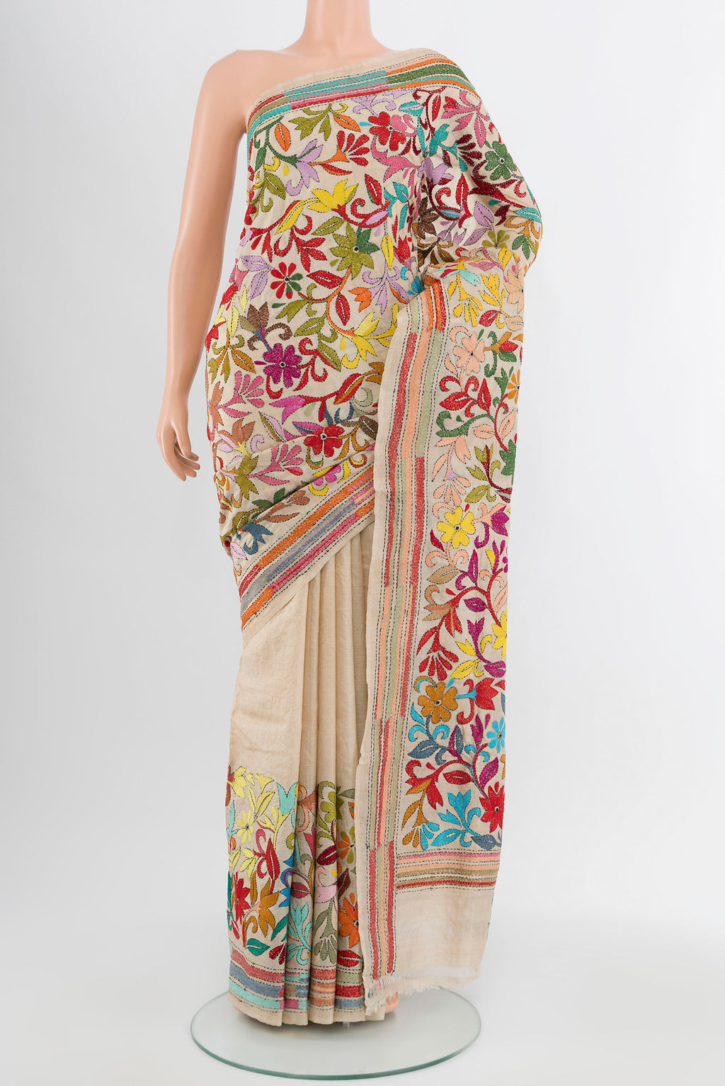 Cream Kantha Silk Saree with Jacquard With Thread Butta on the body and Silk Border.  displayed on a mannequin