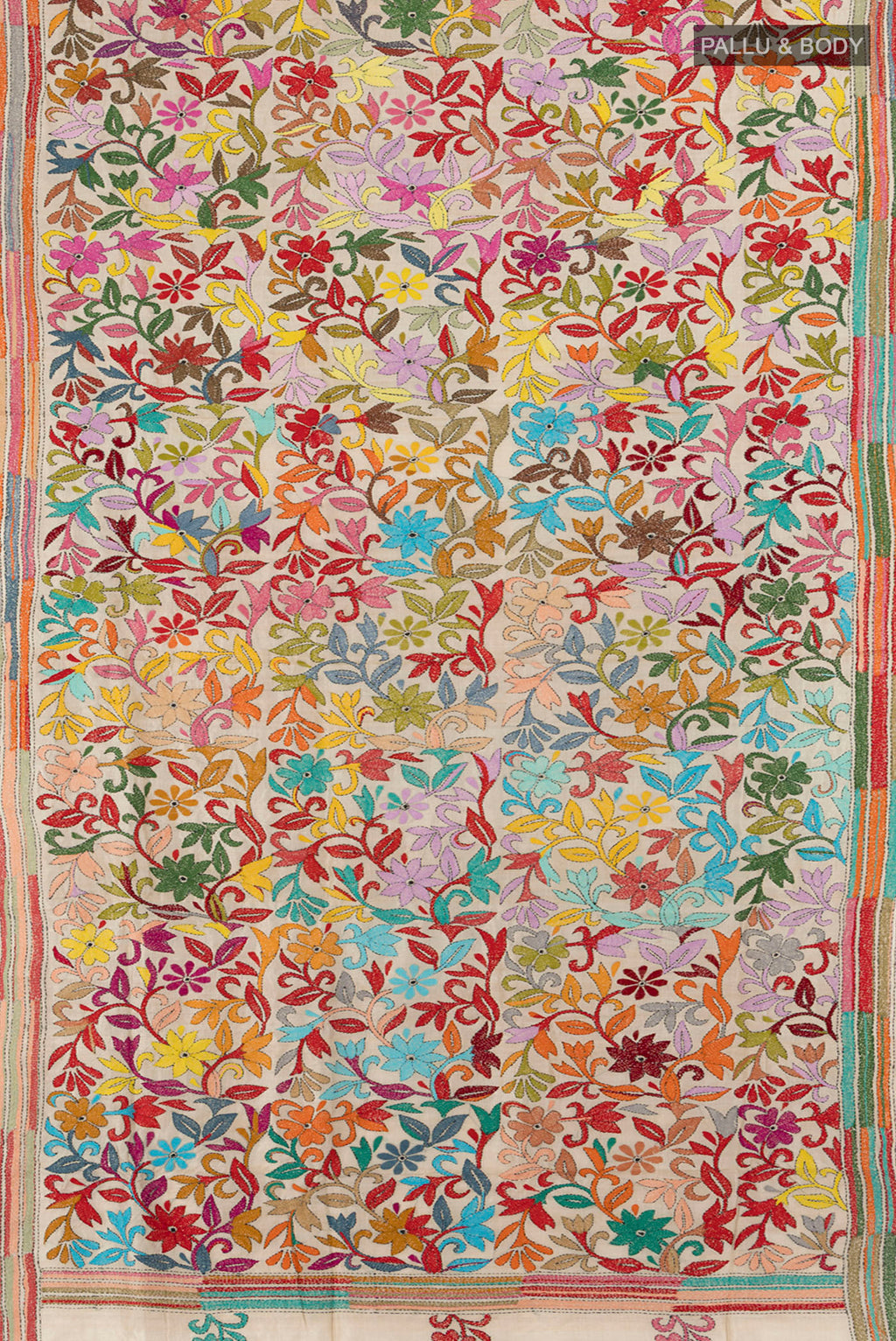 Flat view of Cream Kantha Silk Saree with Jacquard With Thread Butta on the body and Silk Border. 