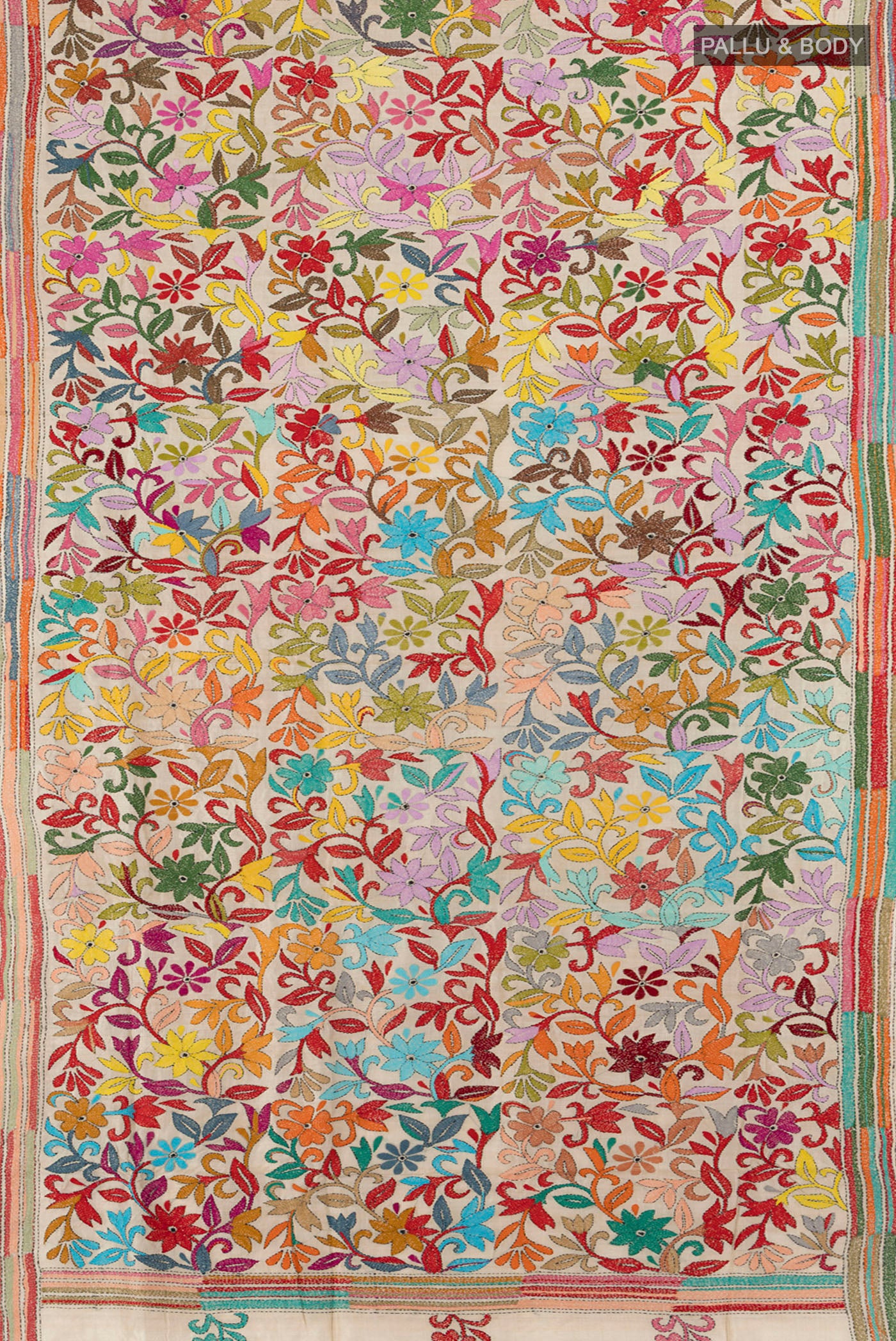 Flat view of Cream Kantha Silk Saree with Jacquard With Thread Butta on the body and Silk Border. 