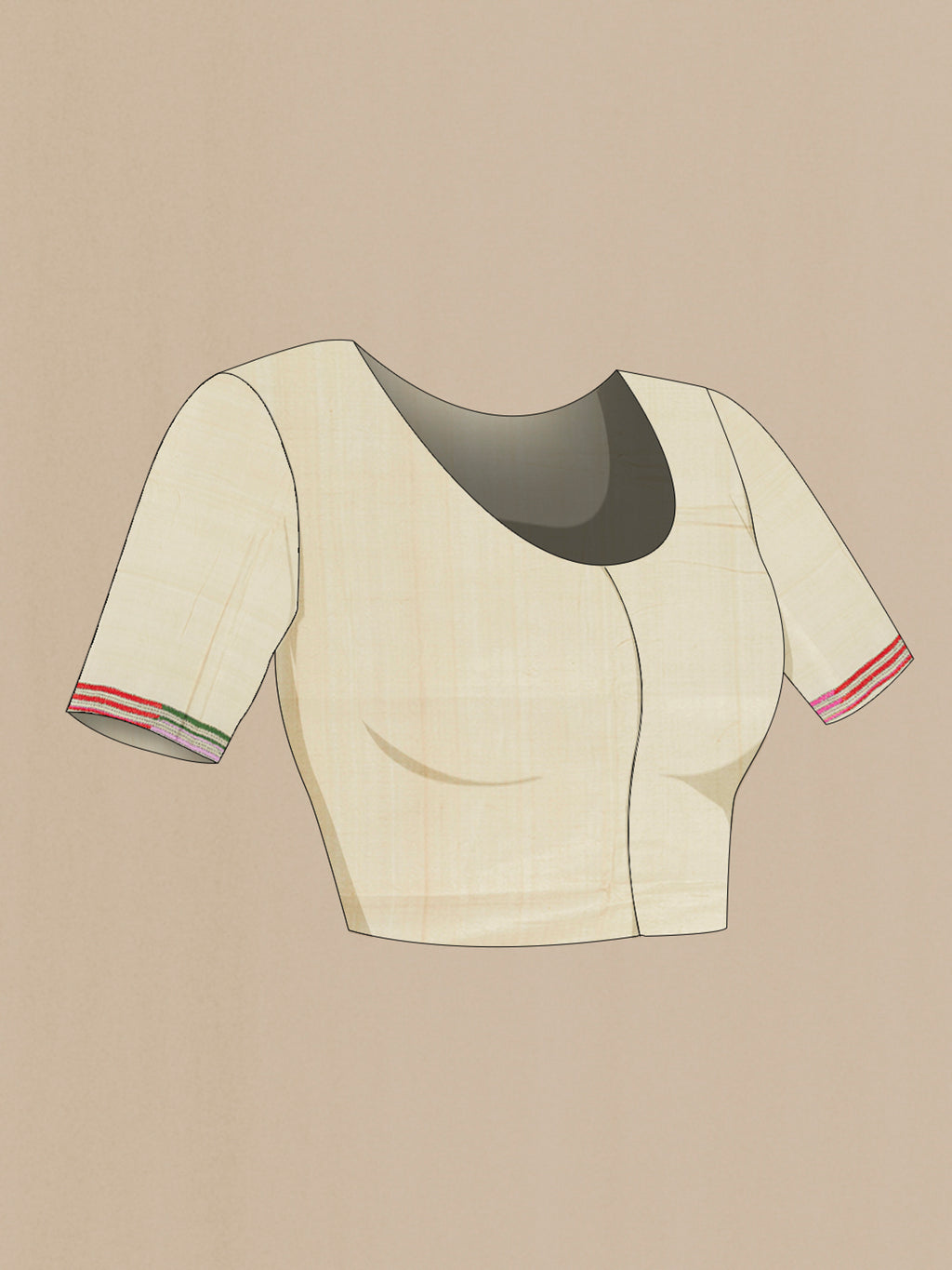 Close up image of the blouse of Cream Tussar Silk Saree with Kantha Work on the body and Embroidery Border. 