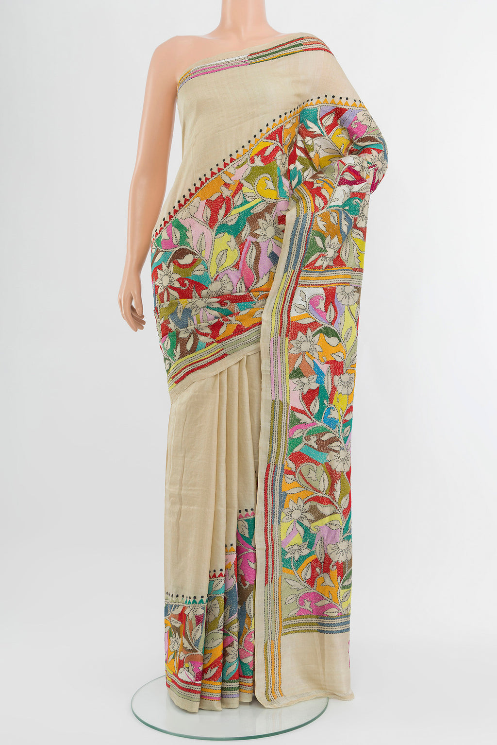 Cream Tussar Silk Saree with Kantha Work on the body and Embroidery Border.  displayed on a mannequin