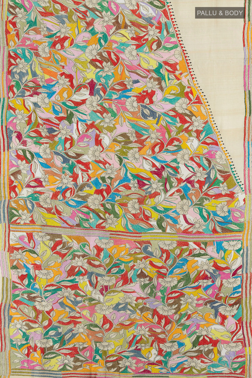 Flat view of Cream Tussar Silk Saree with Kantha Work on the body and Embroidery Border. 