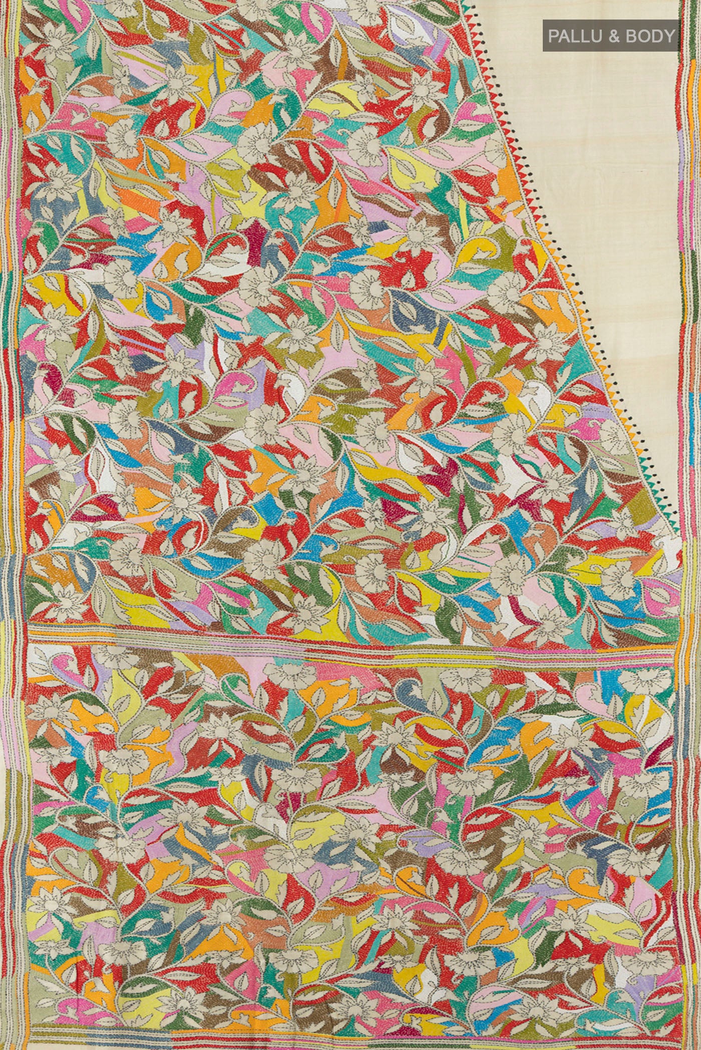 Flat view of Cream Tussar Silk Saree with Kantha Work on the body and Embroidery Border. 