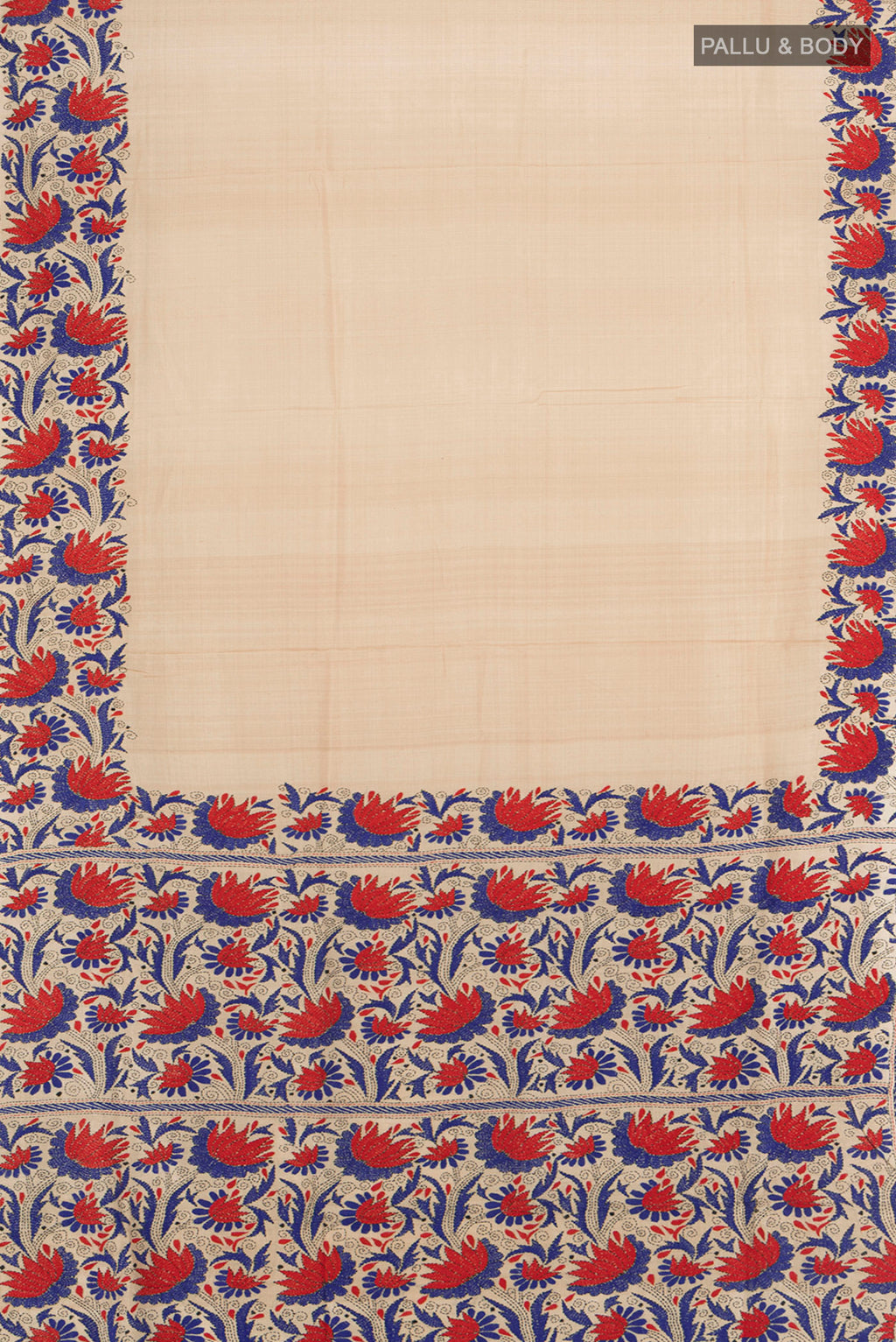 Flat view of Beige Tussar Silk Saree with Plain Body and Embroidery Border. 