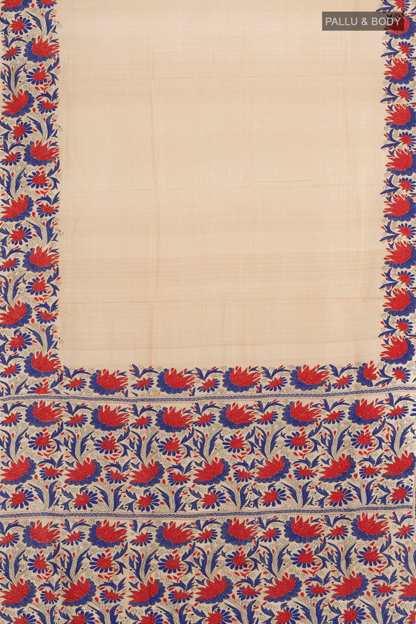 Flat view of Beige Tussar Silk Saree with Plain Body and Embroidery Border. 