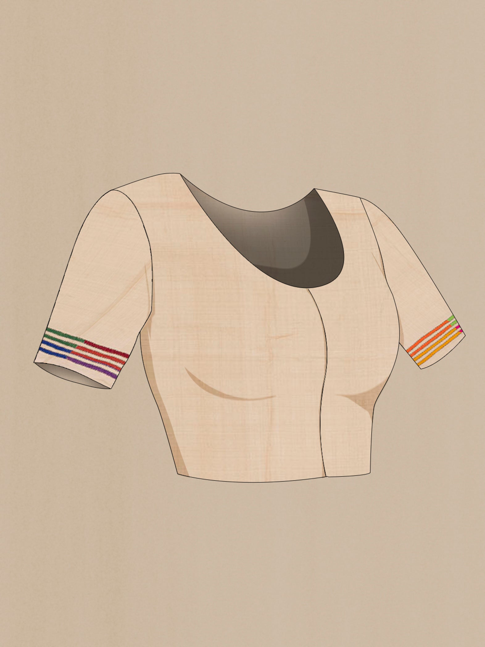 Close up image of the blouse of Beige Tussar Silk Saree with Embroidery on the body and Embroidery Border. 