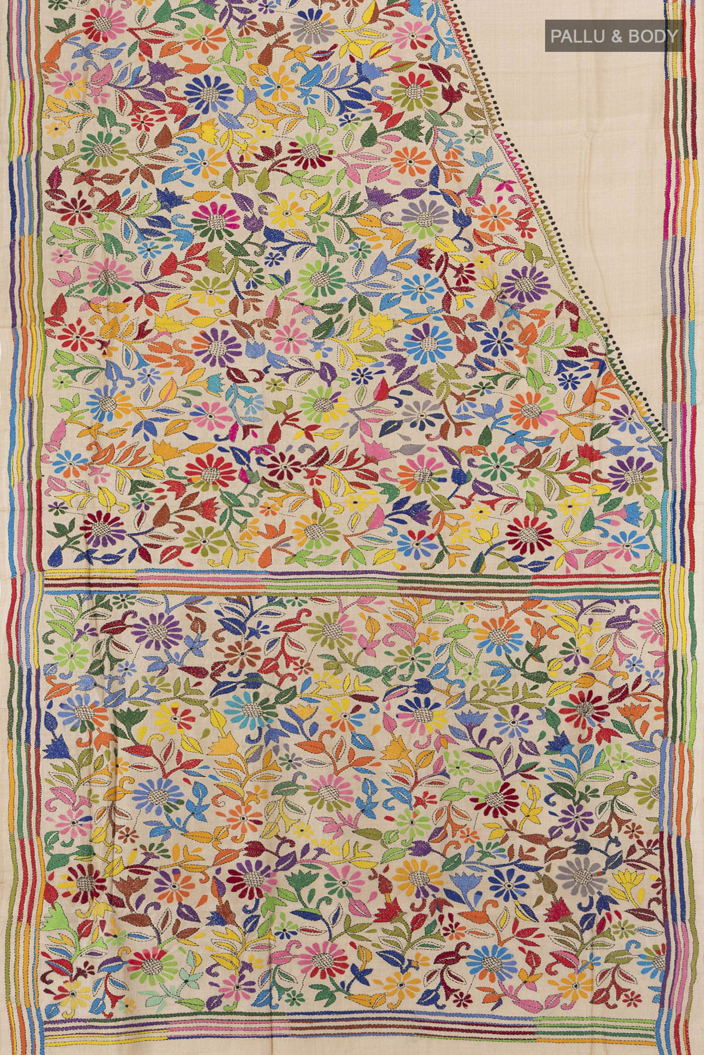 Flat view of Beige Tussar Silk Saree with Embroidery on the body and Embroidery Border. 