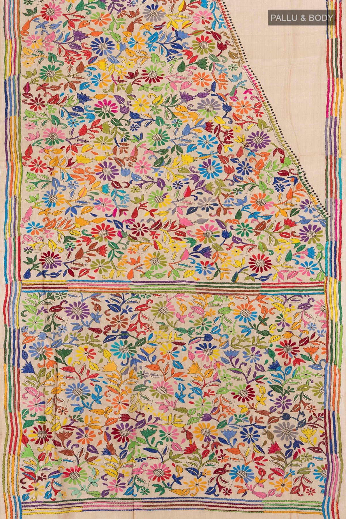 Flat view of Beige Tussar Silk Saree with Embroidery on the body and Embroidery Border. 