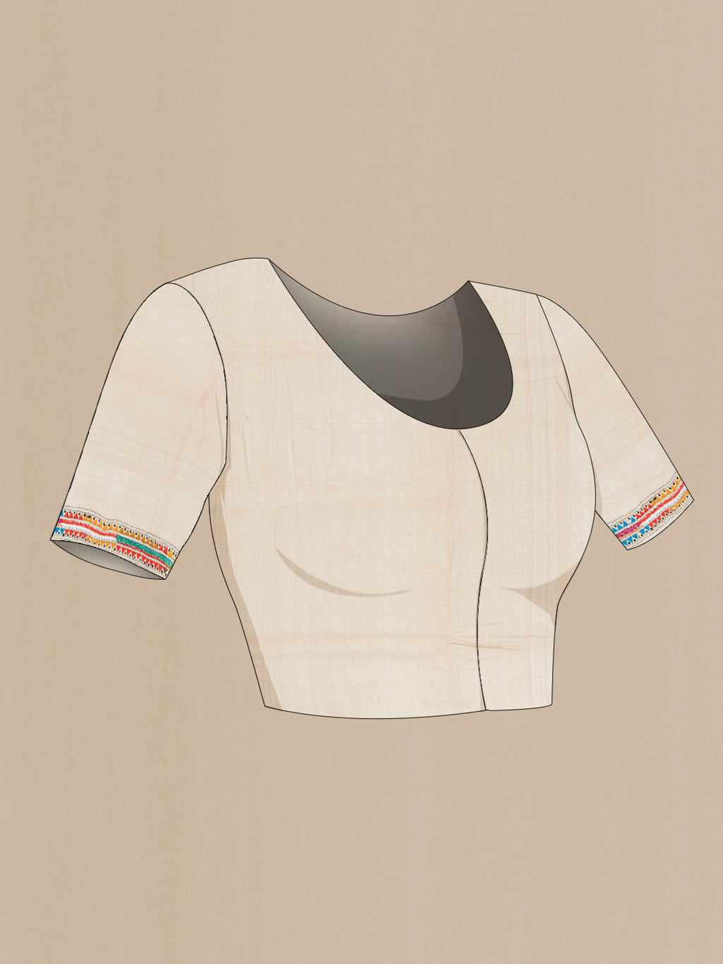 Close up image of the blouse of Cream Tussar Silk Saree with Kantha Work on the body and Embroidery Border. 