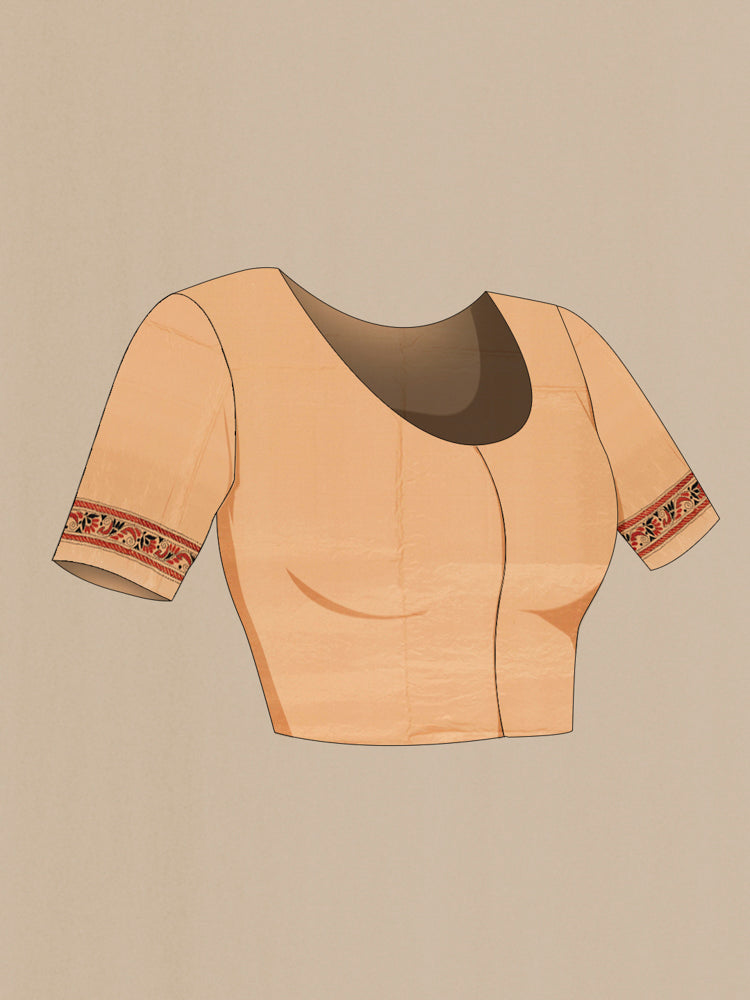 Close up image of the blouse of Dark Beige Kantha Silk Saree with Jacquard With Thread Butta on the body and Silk Border. 