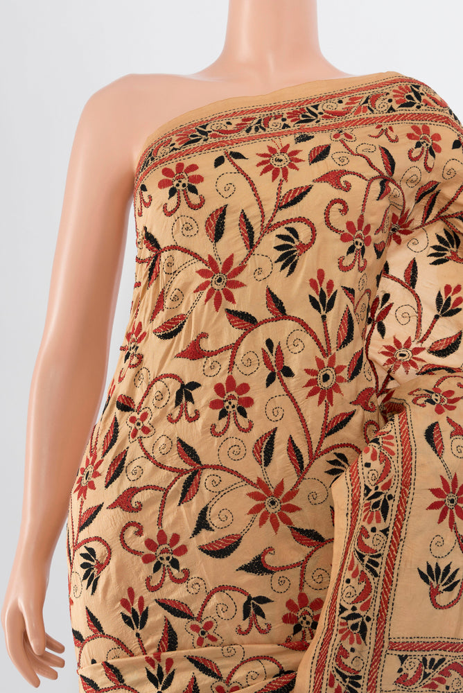 Border image of Dark Beige Kantha Silk Saree with Jacquard With Thread Butta on the body and Silk Border. 