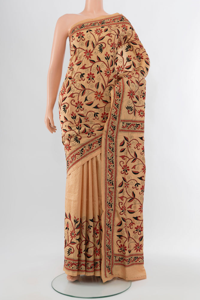 Dark Beige Kantha Silk Saree with Jacquard With Thread Butta on the body and Silk Border.  displayed on a mannequin