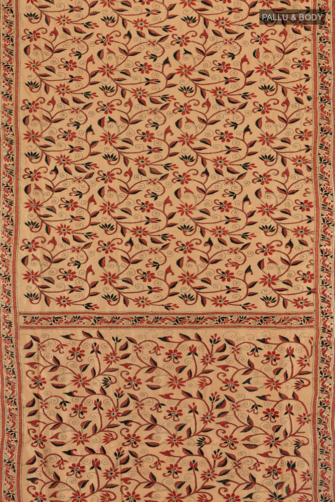 Flat view of Dark Beige Kantha Silk Saree with Jacquard With Thread Butta on the body and Silk Border. 