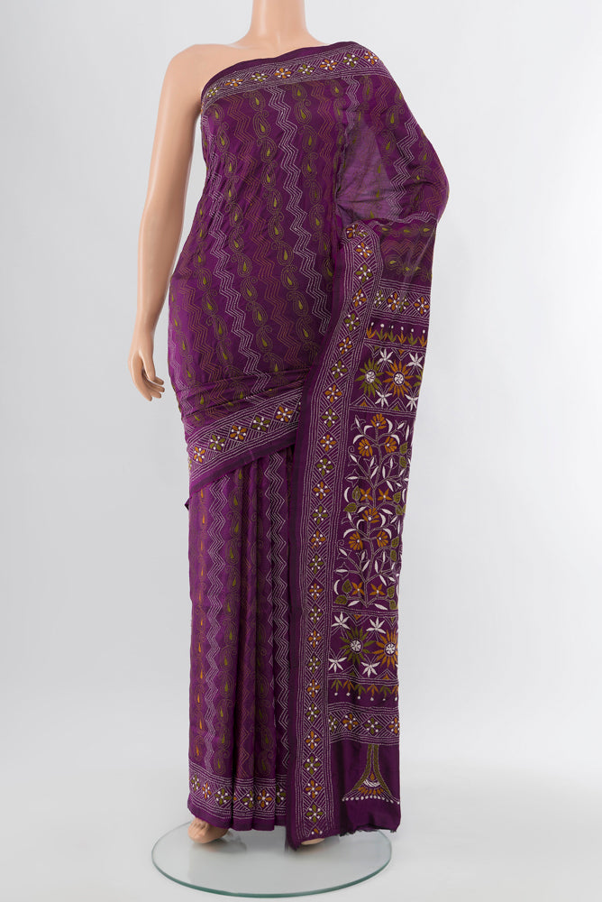 Violet Kantha Silk Saree with Jacquard With Thread Butta on the body and Silk Border.  displayed on a mannequin