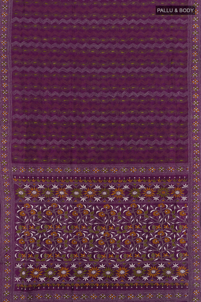 Flat view of Violet Kantha Silk Saree with Jacquard With Thread Butta on the body and Silk Border. 