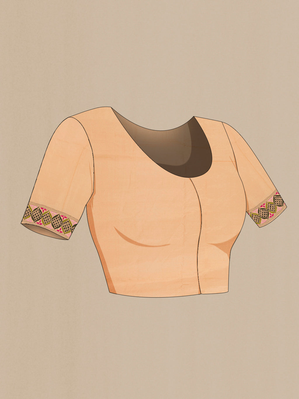 Close up image of the blouse of Sandal Kantha Silk Saree with Kantha Work on the body and Embroidery Border. 
