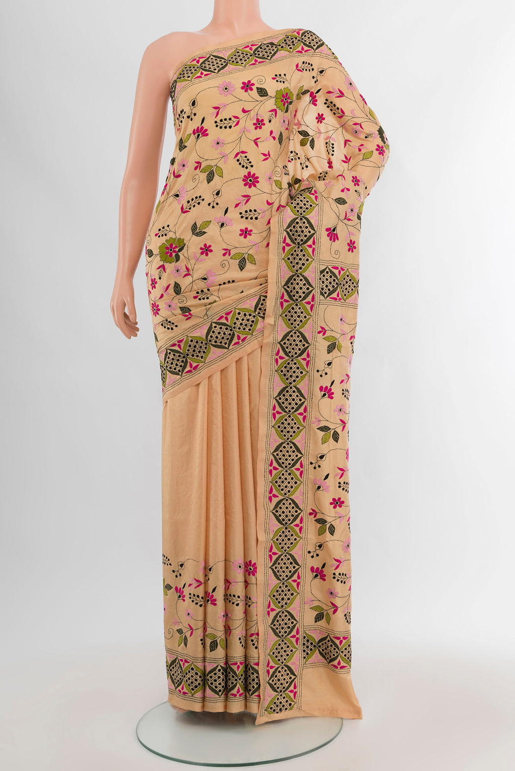 Sandal Kantha Silk Saree with Kantha Work on the body and Embroidery Border.  displayed on a mannequin