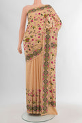 Sandal Kantha Silk Saree with Kantha Work on the body and Embroidery Border.  displayed on a mannequin