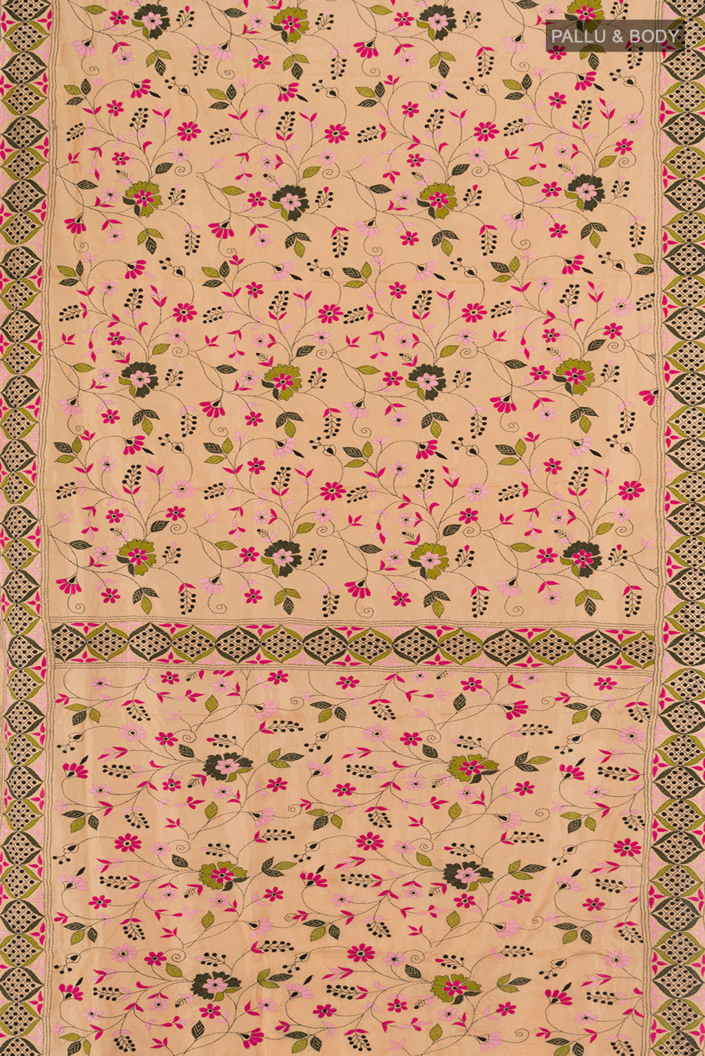 Flat view of Sandal Kantha Silk Saree with Kantha Work on the body and Embroidery Border. 