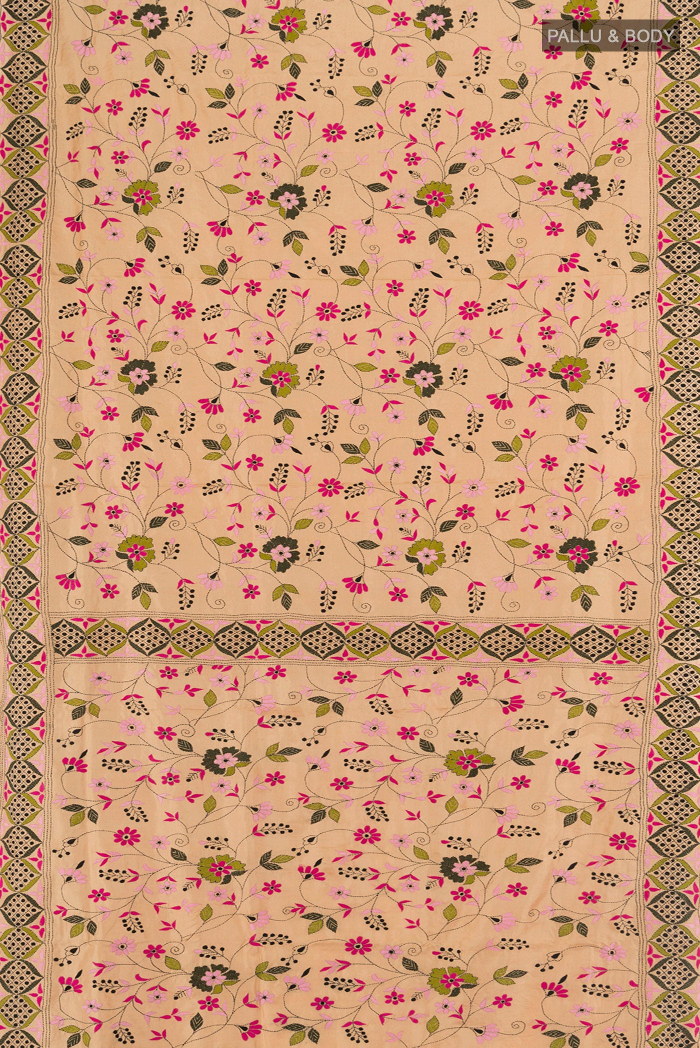 Flat view of Sandal Kantha Silk Saree with Kantha Work on the body and Embroidery Border. 