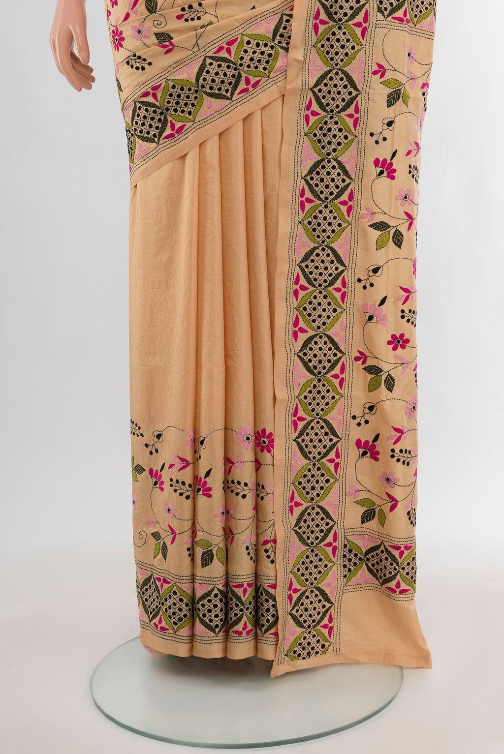 Pleats and pallu of Sandal Kantha Silk Saree with Kantha Work on the body and Embroidery Border. 